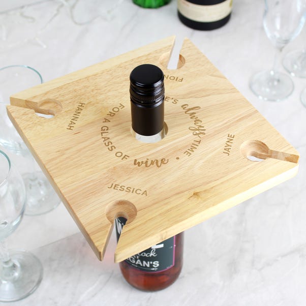 Personalised Time For a Glass of Wine Wooden Four Wine Glasses and Bottle Holder image 1 of 3
