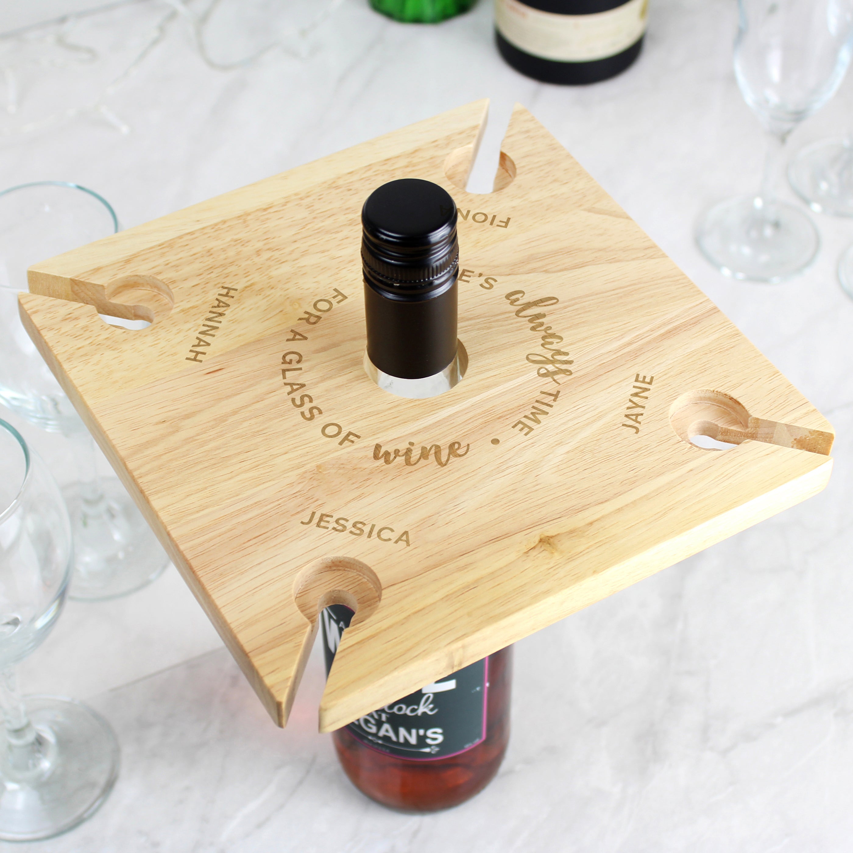 Personalised Time For A Glass Of Wine Wooden Four Wine Glasses And Bottle Holder Natural