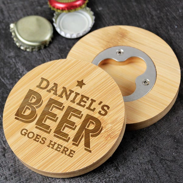 Personalised Beer Goes Here Bamboo Coaster with Hidden Bottle Opener image 1 of 5