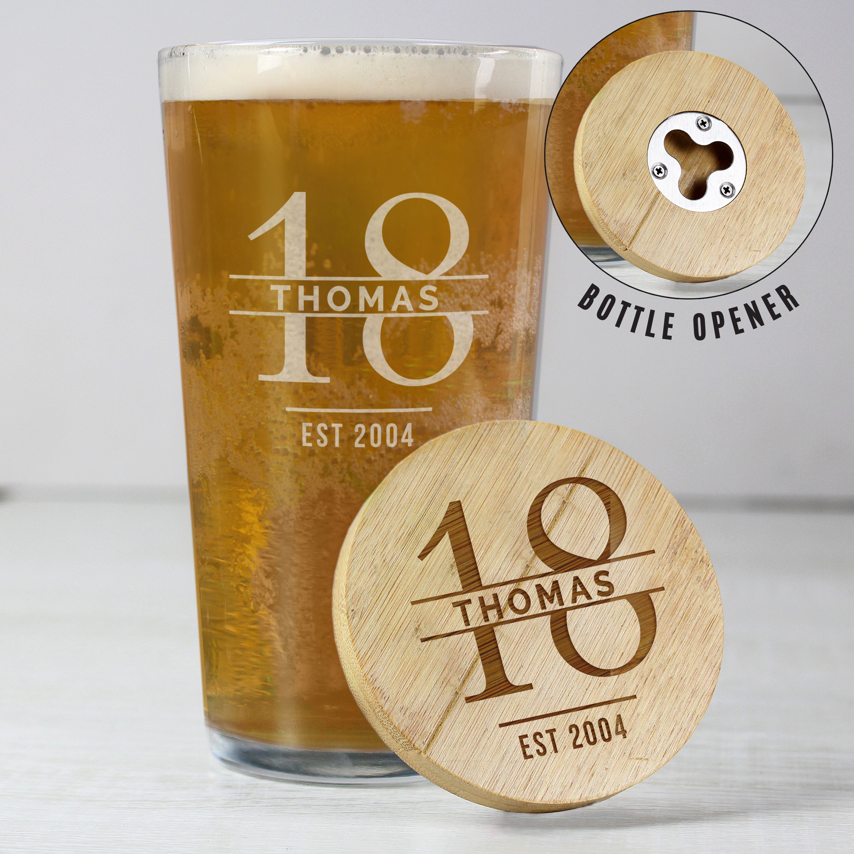 Personalised Birthday Bamboo Bottle Opener Coaster And Pint Glass Set Clear