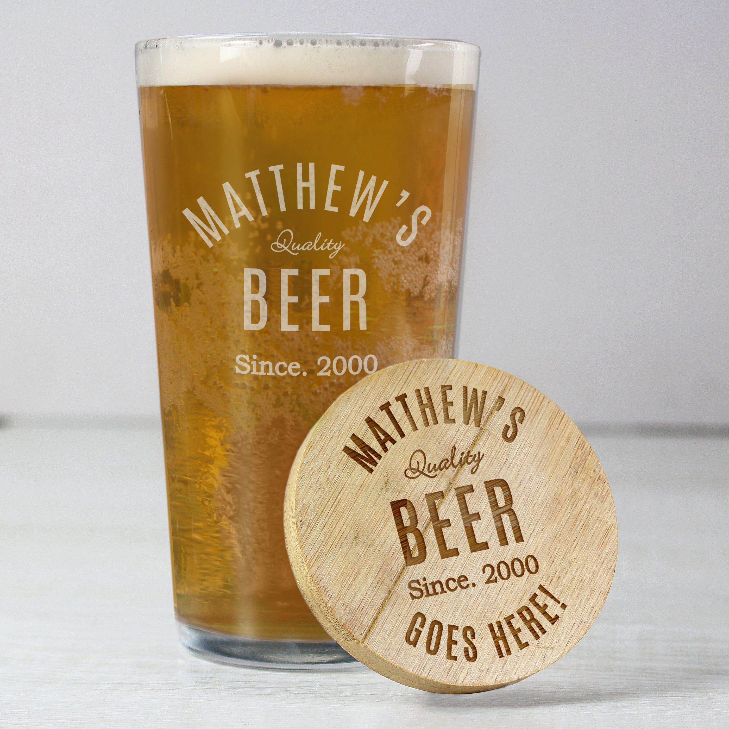 Personalised Bamboo Bottle Opener Coaster And Pint Glass Clear