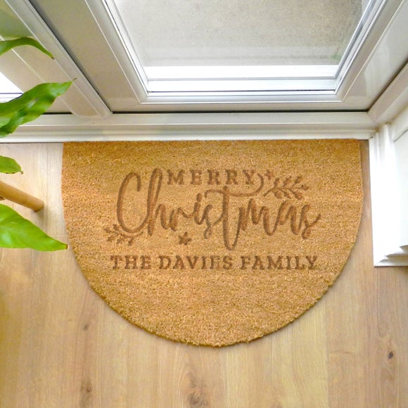 Click to view product details and reviews for Personalised Merry Christmas Half Moon Indoor Doormat.