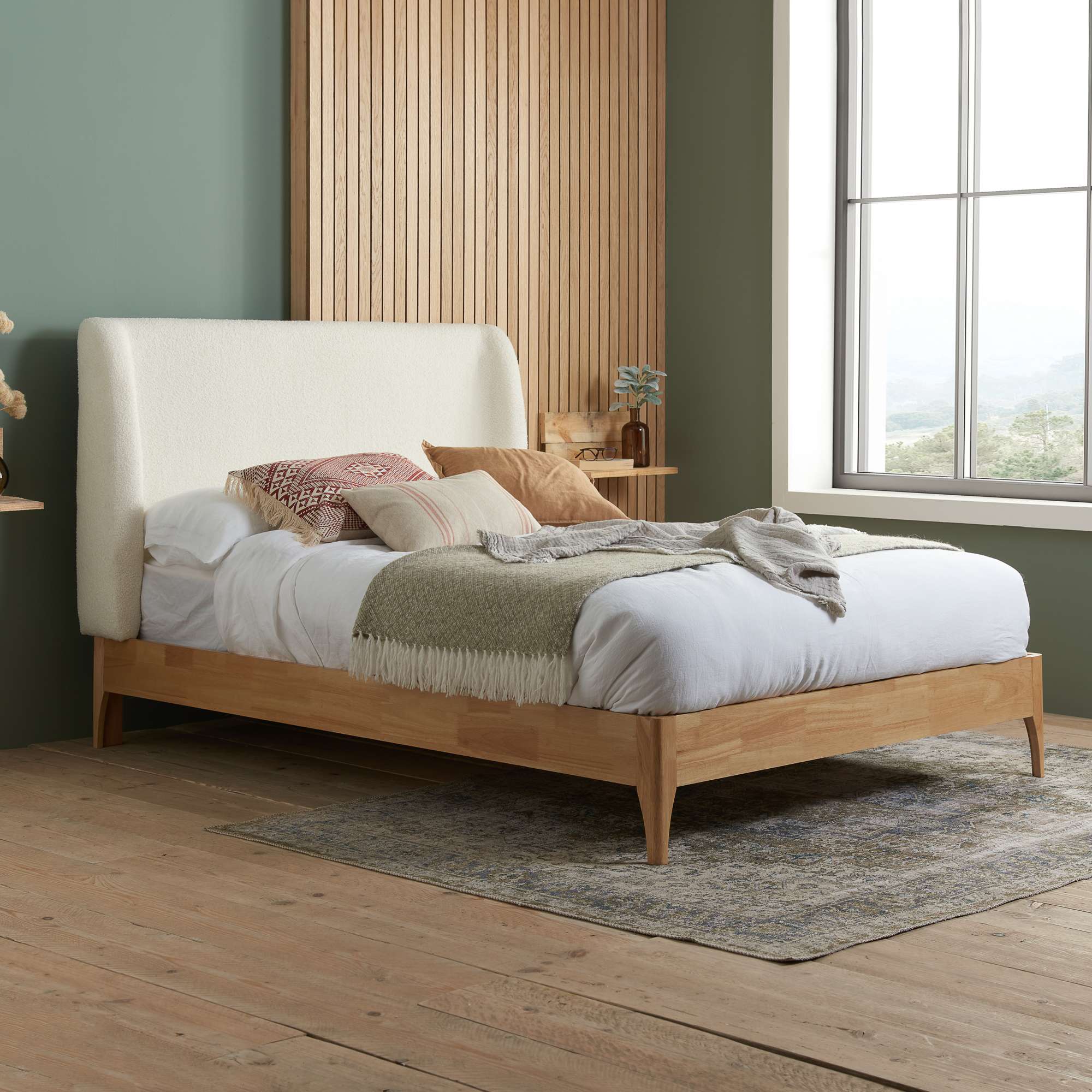 Halfden Boucle And Wooden Bed Frame Off White