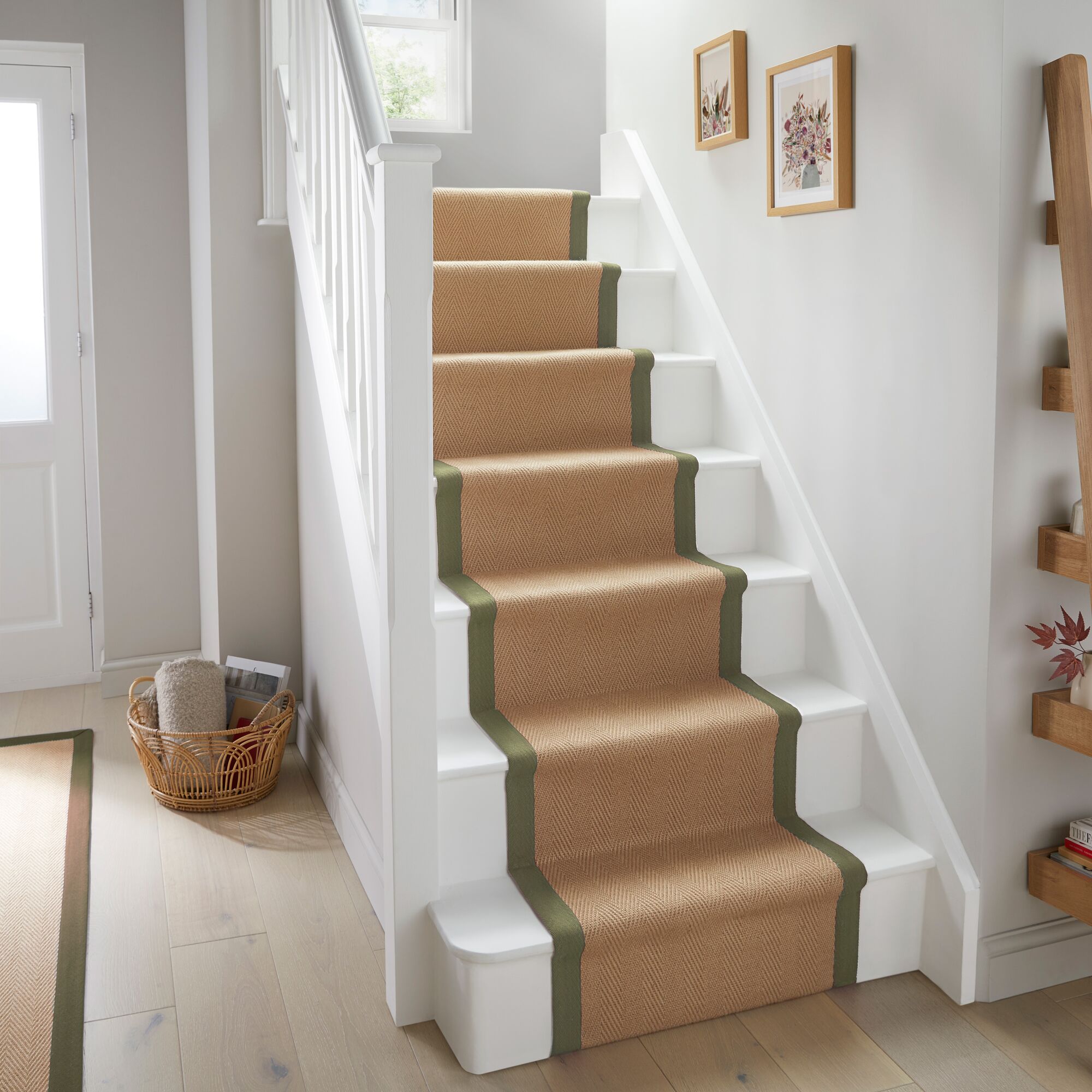 Herringbone Jute Border Stair Runner Browngreen