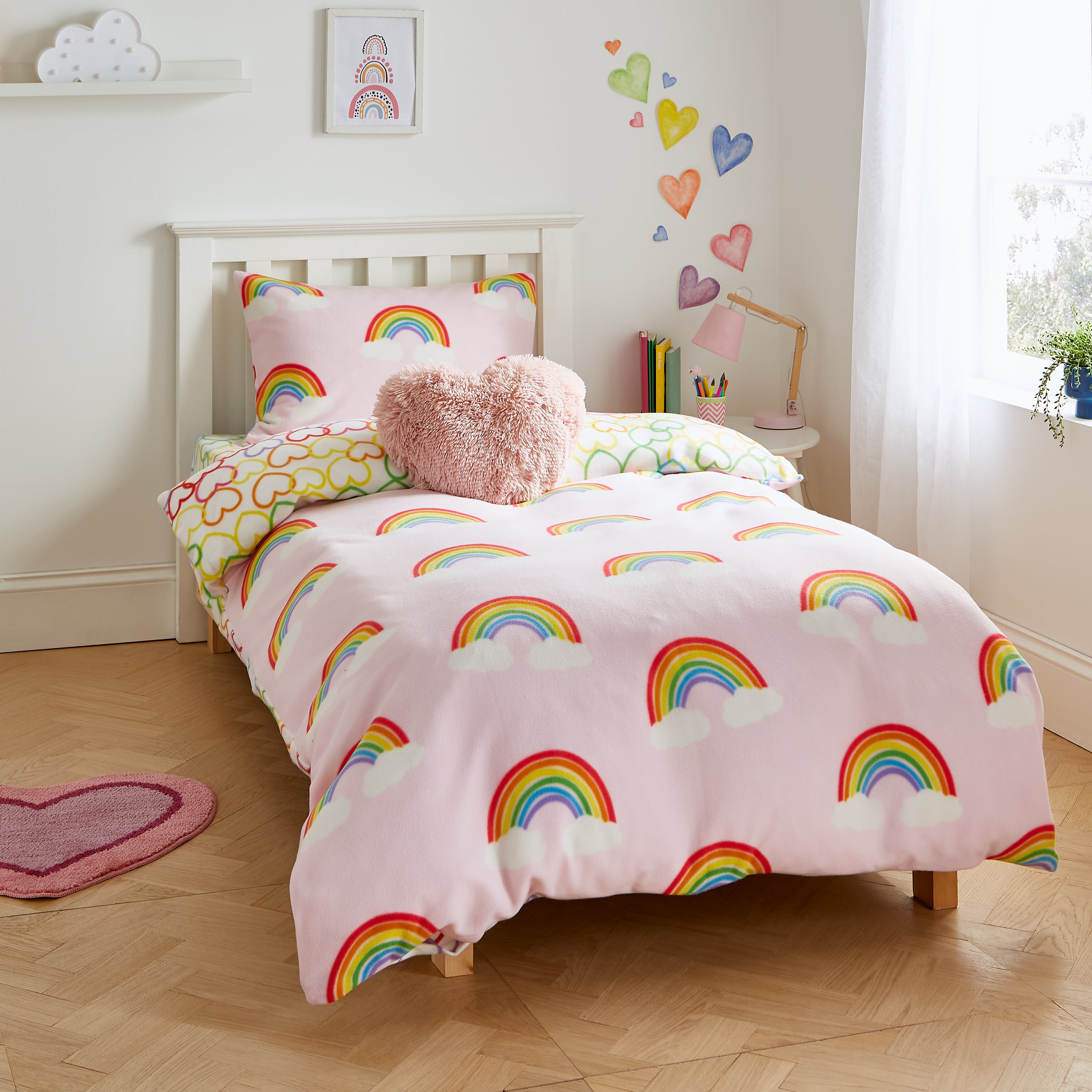 Catherine Lansfield Rainbow Hearts Cosy Fleece Reversible Duvet Cover Pillowcase Set Pink