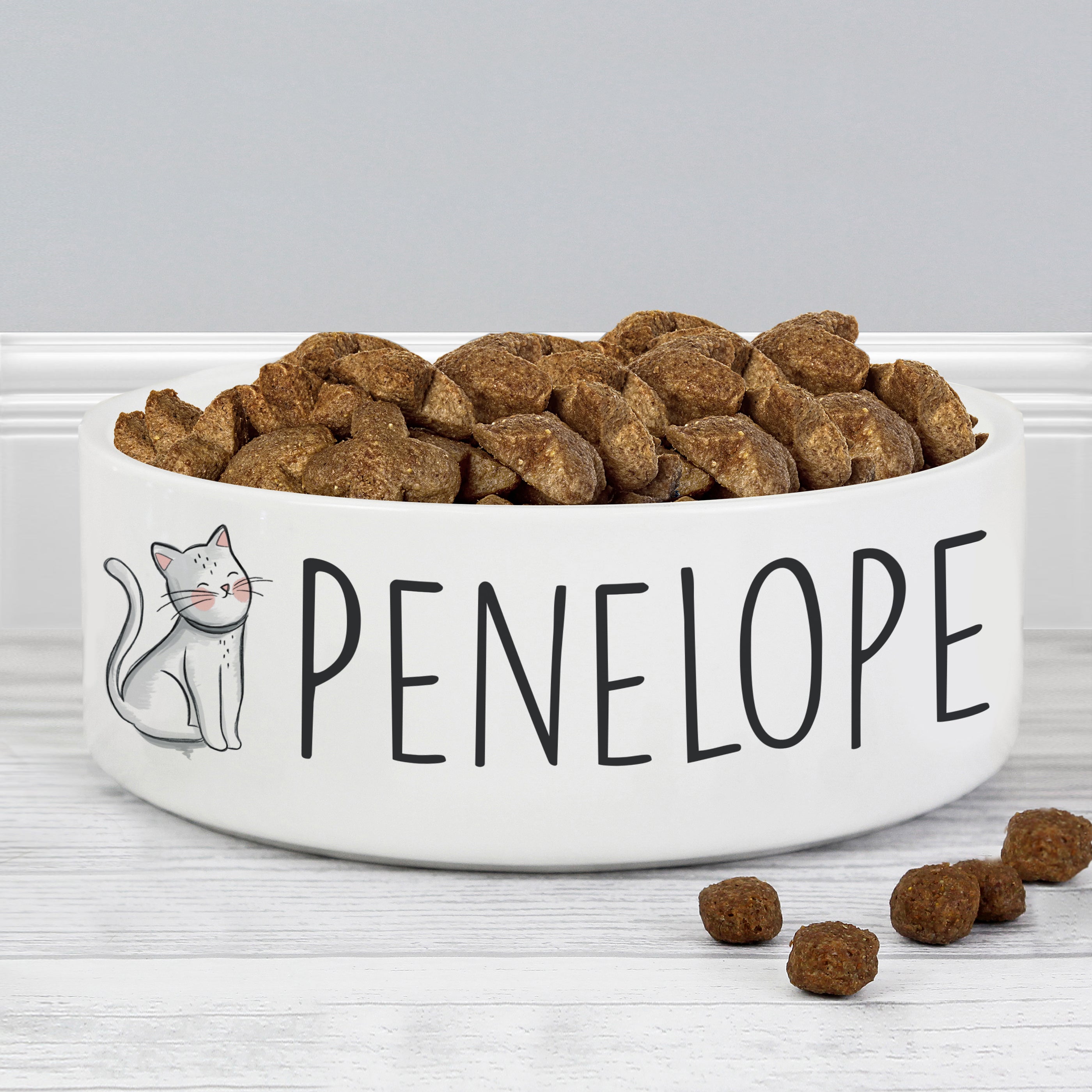Personalised Scribble Cat Medium Ceramic Pet Bowl White