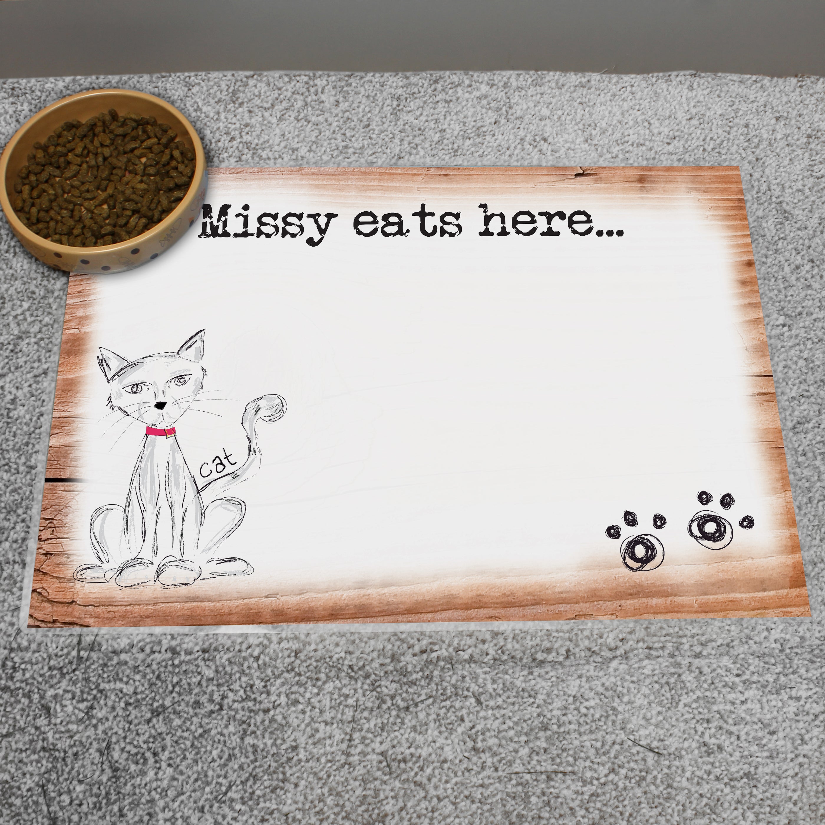 Personalised Scribble Cat Pet Bowl Mat White