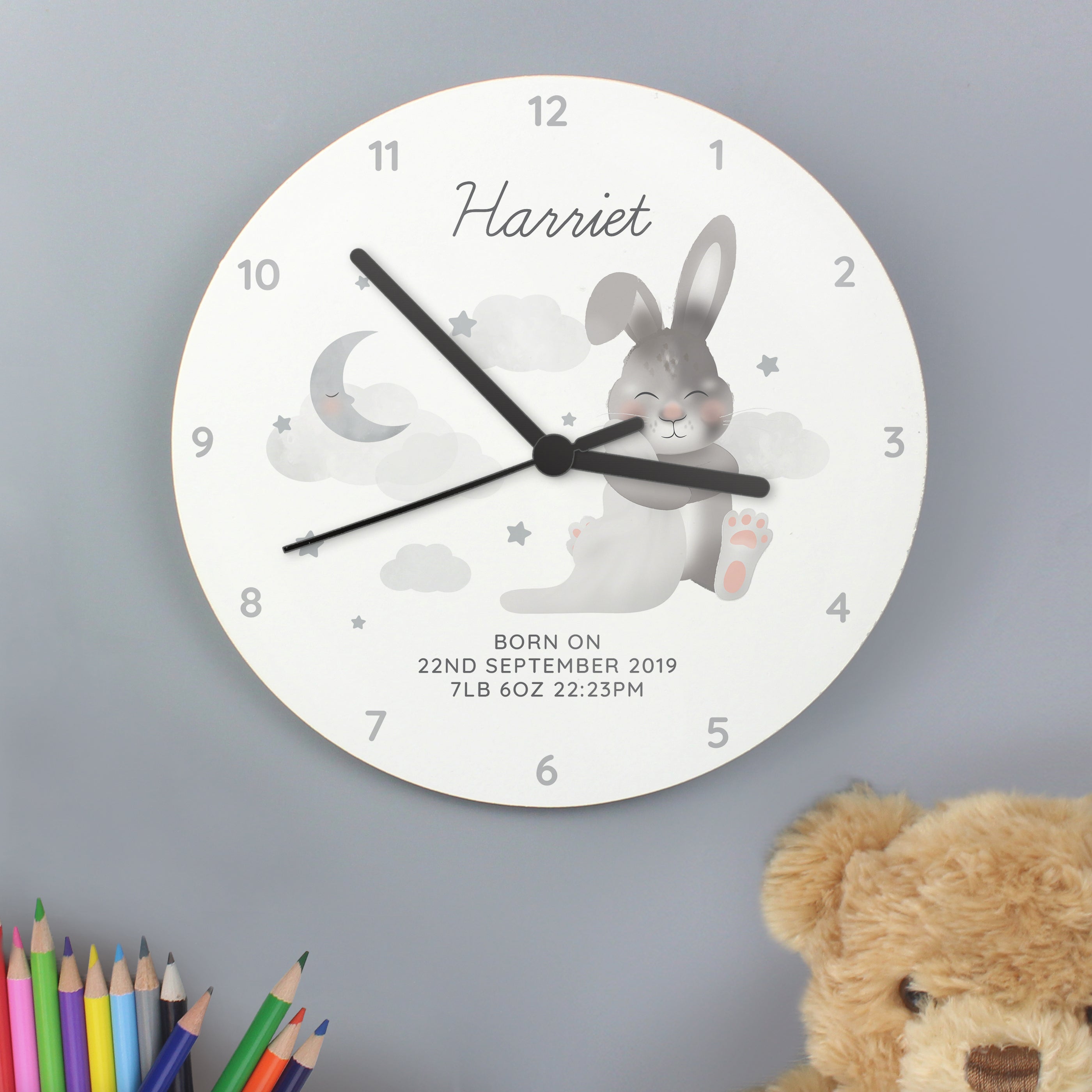 Personalised Baby Bunny White Wooden Wall Clock Grey