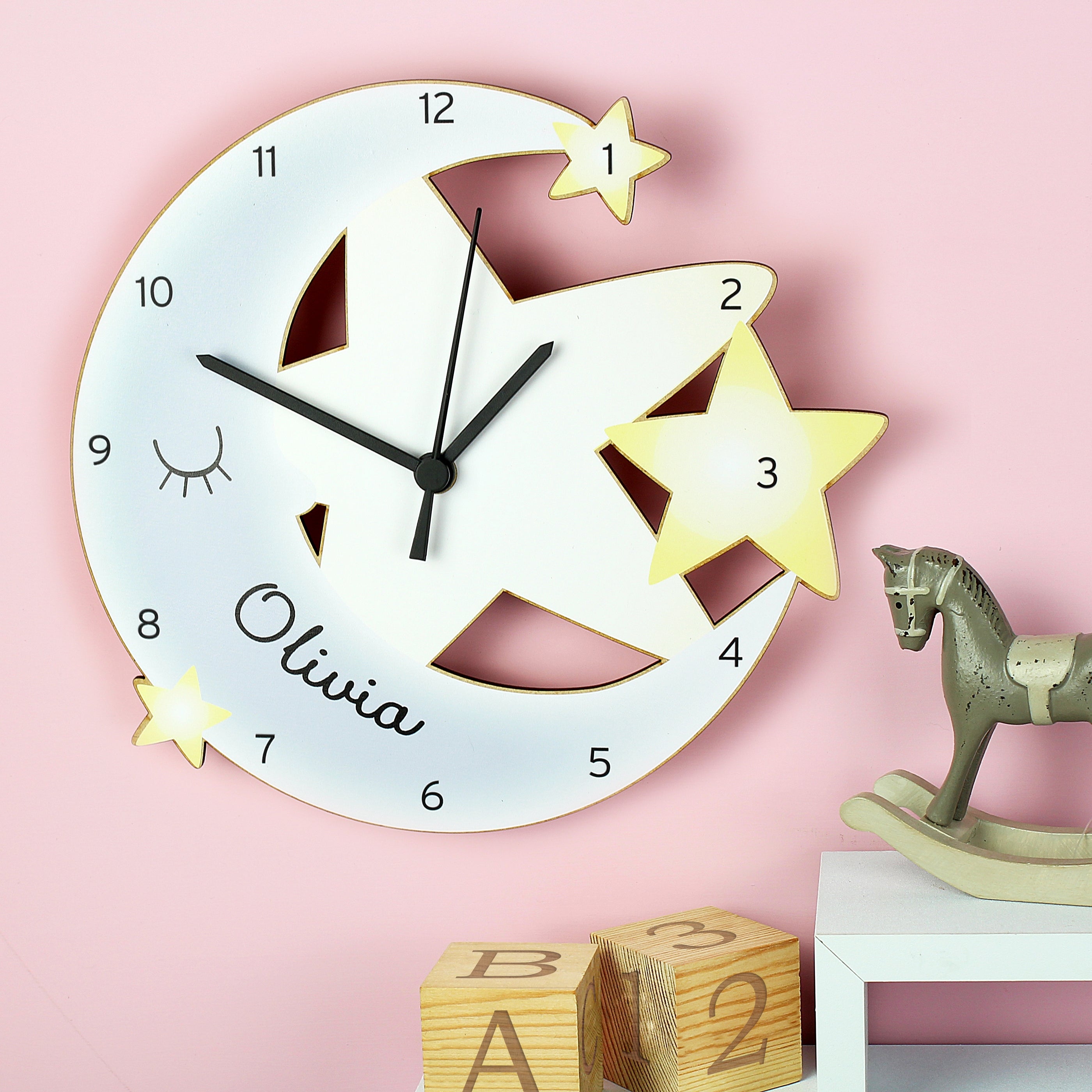 Personalised Moon And Stars Shape Wooden Wall Clock White