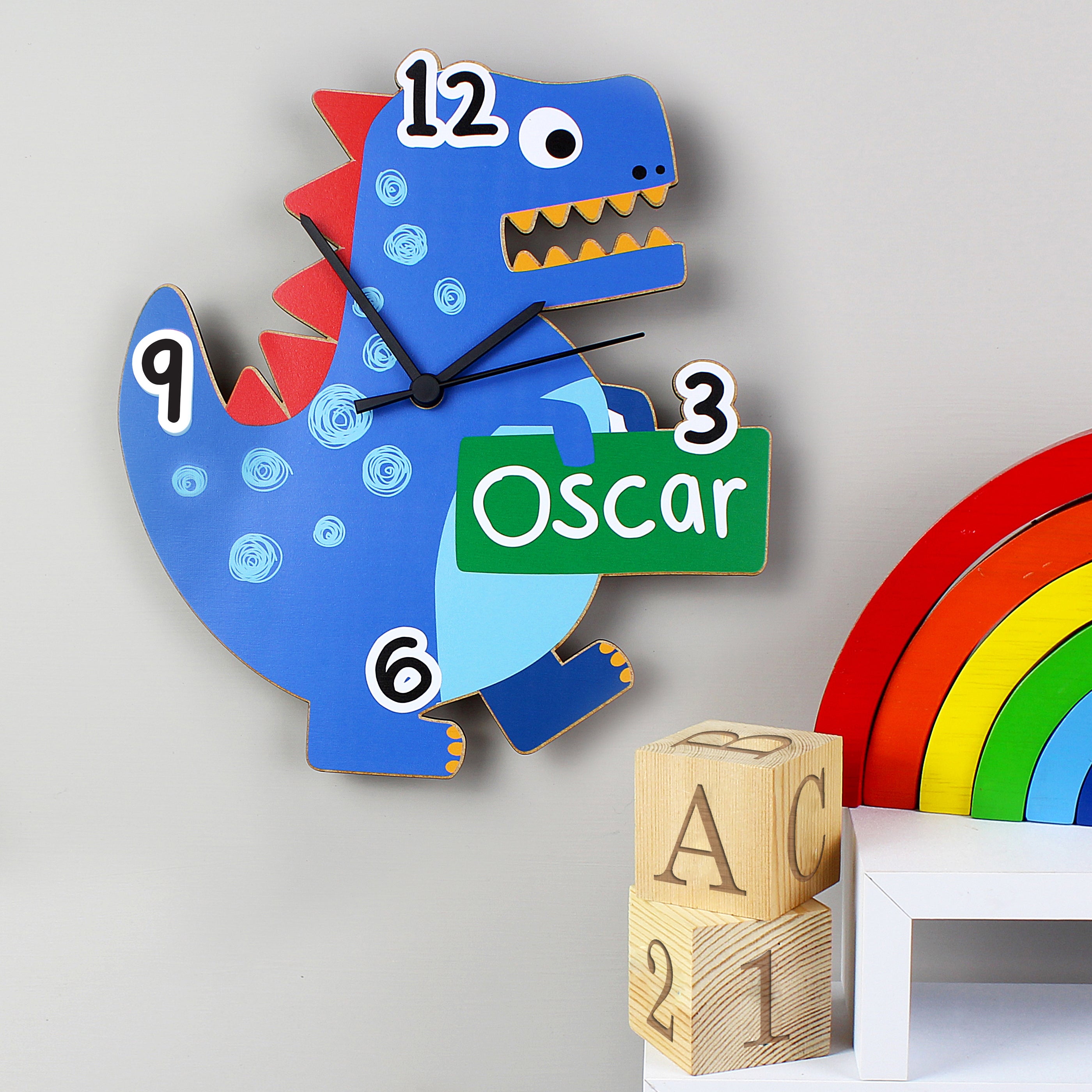 Personalised Dinosaur Shape Wooden Wall Clock Blue