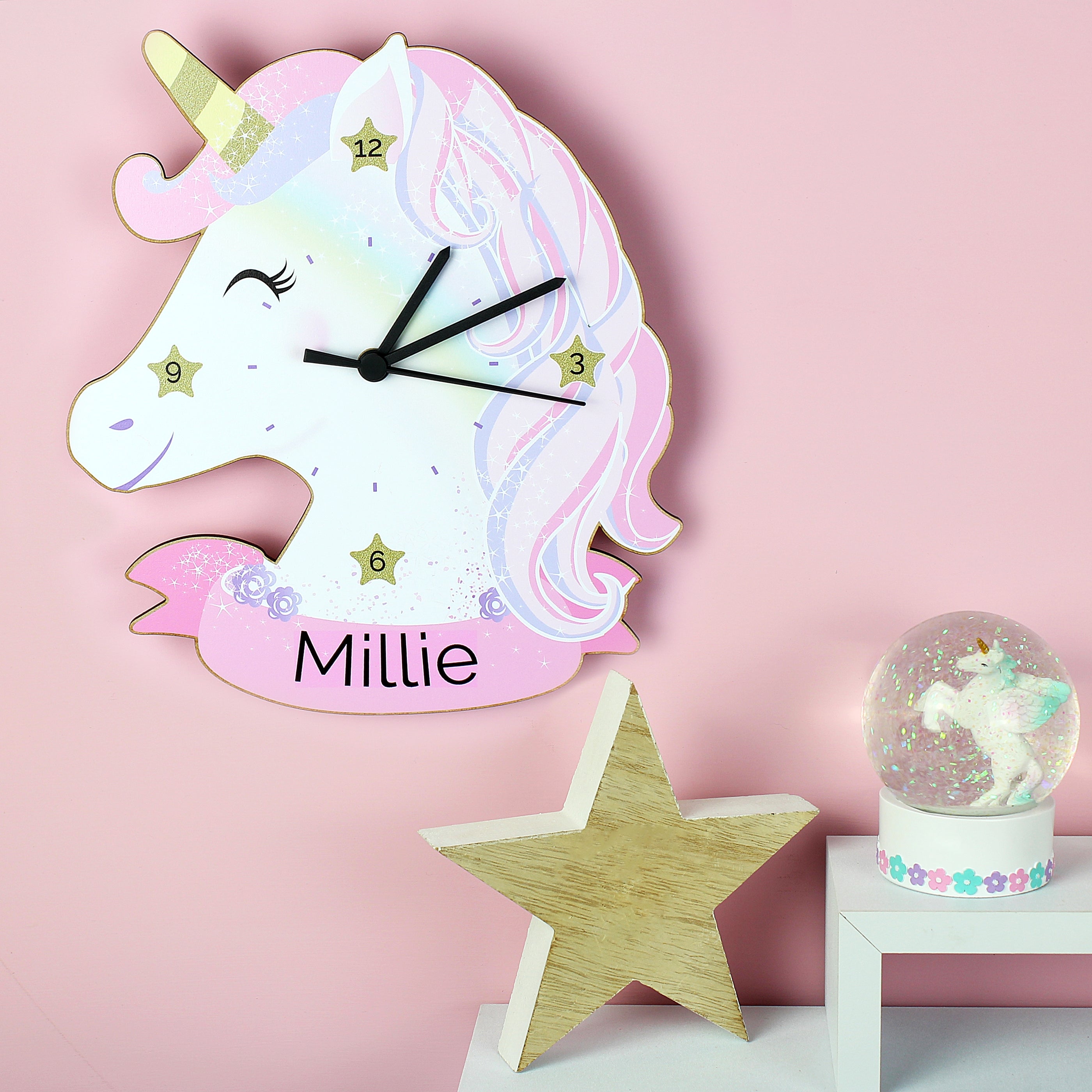 Personalised Unicorn Shape Wooden Clock White