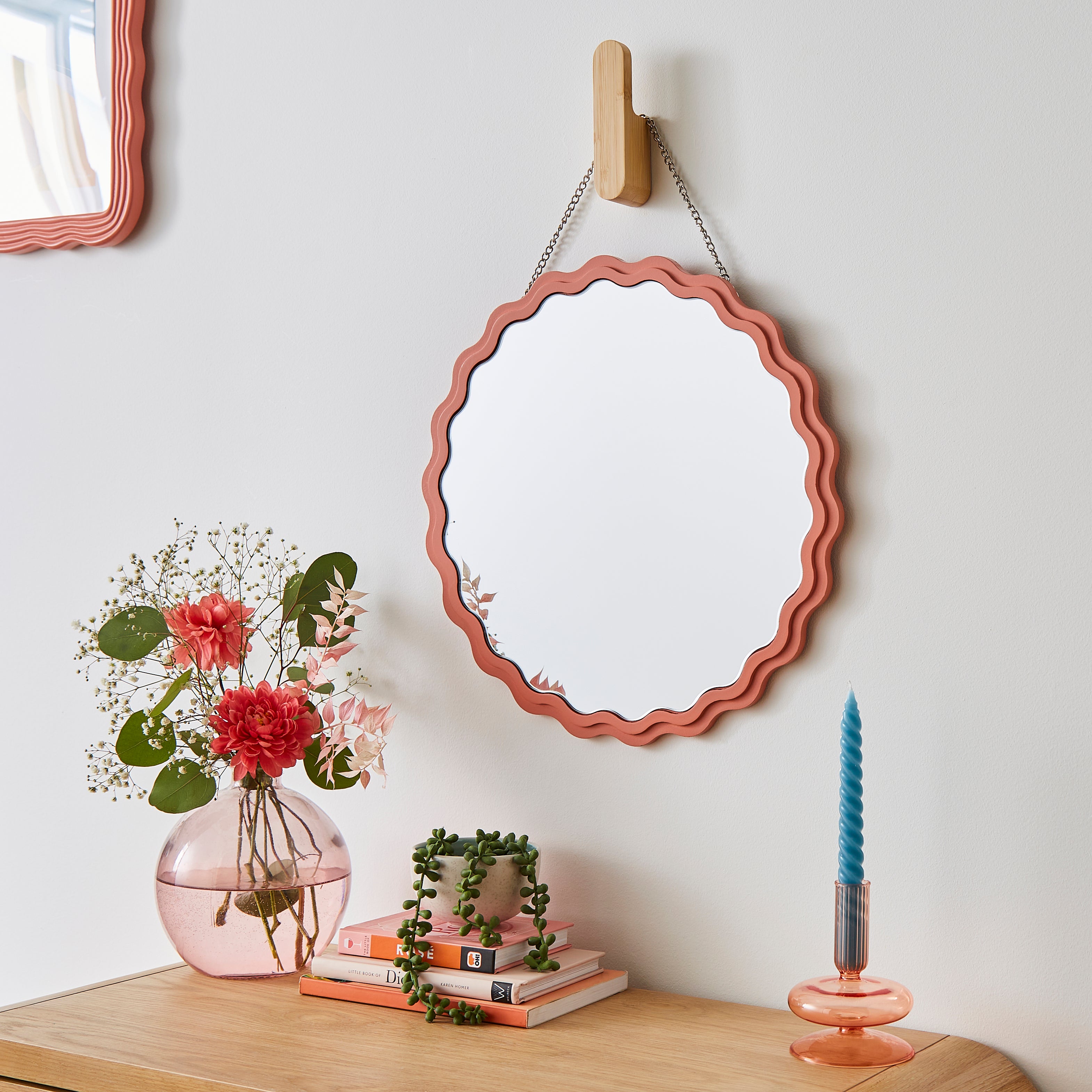 Wavy Round Hanging Wall Mirror Clay Red