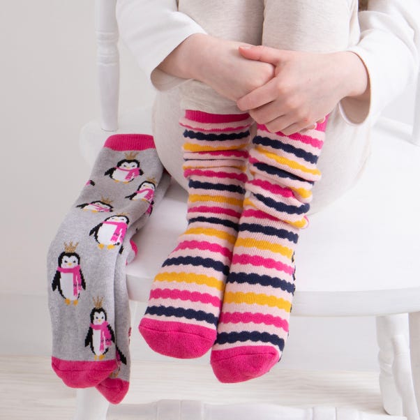 totes Pack of 2 Toasties Kids Original Penguin and Stripe Slipper Socks image 1 of 4