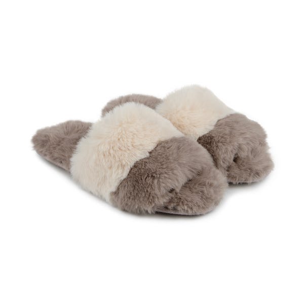 totes Faux Fur Contrast Stripe Slider Slippers image 1 of 6
