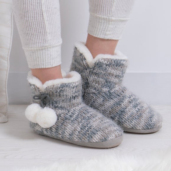 totes Knitted Grey Boot Slippers With Pom Pom Dunelm