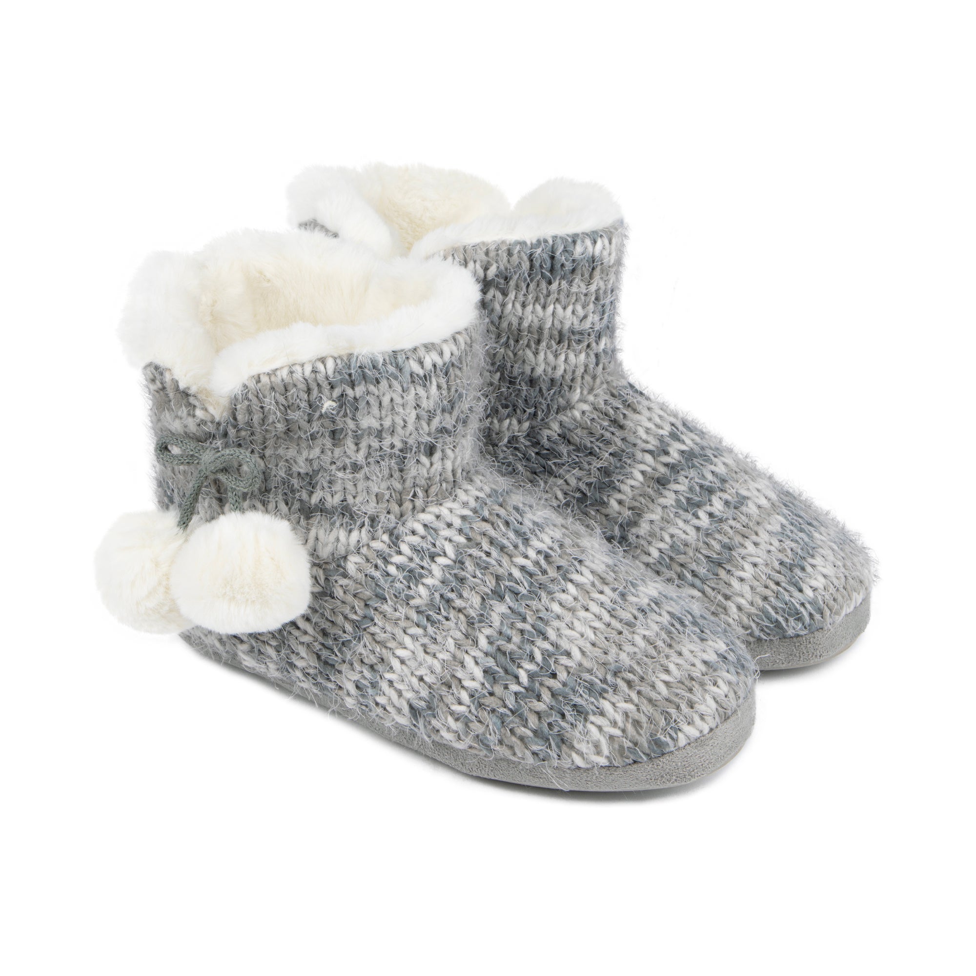 totes Knitted Grey Boot Slippers With Pom Pom