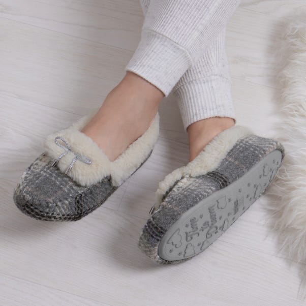 totes Brushed Check Grey Moccasin Slippers image 1 of 6