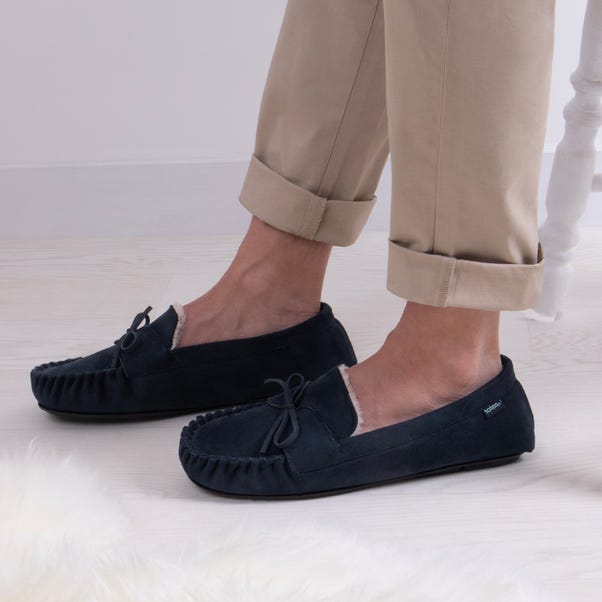 totes Suedette Faux Fur Lined Navy Moccasin Slippers image 1 of 3