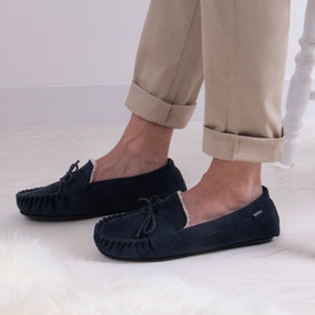 totes Suedette Faux Fur Lined Navy Moccasin Slippers