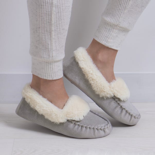 totes Sparkle Grey Moccasin Slippers image 1 of 6