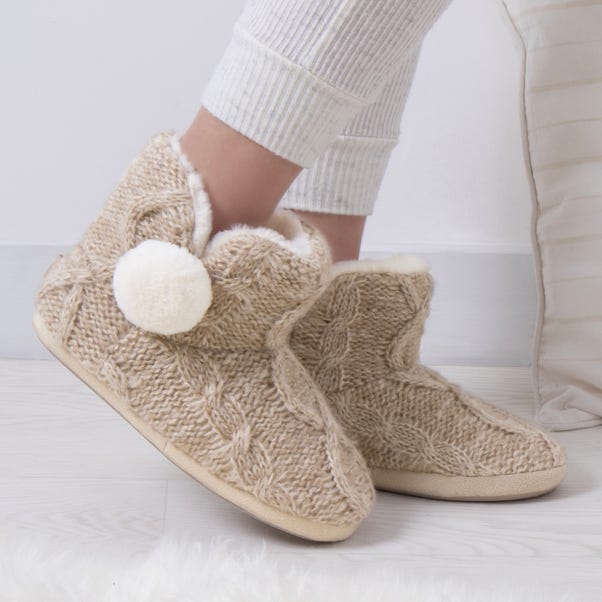 totes Cable Knit Faux Fur Lined Boot Slippers With Pom Poms image 1 of 5