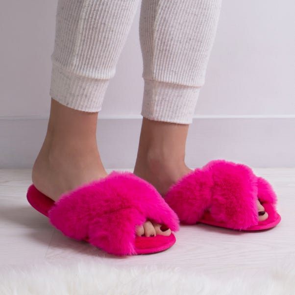 totes Plush Faux Fur Bright Pink Cross Over Sliders image 1 of 6