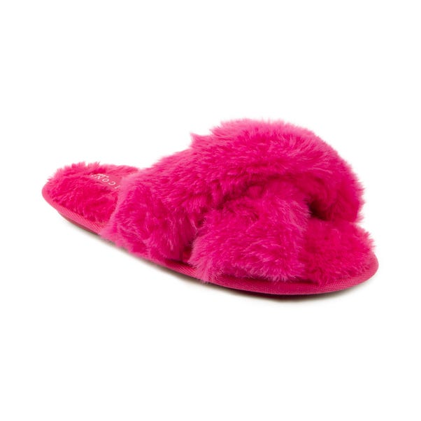 totes Plush Faux Fur Bright Pink Cross Over Sliders | Dunelm