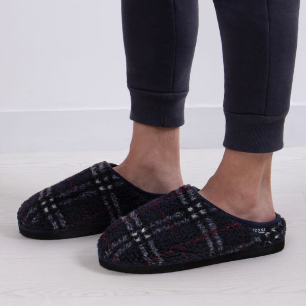 totes Borg Navy Check Slippers With EVA Sole image 1 of 8