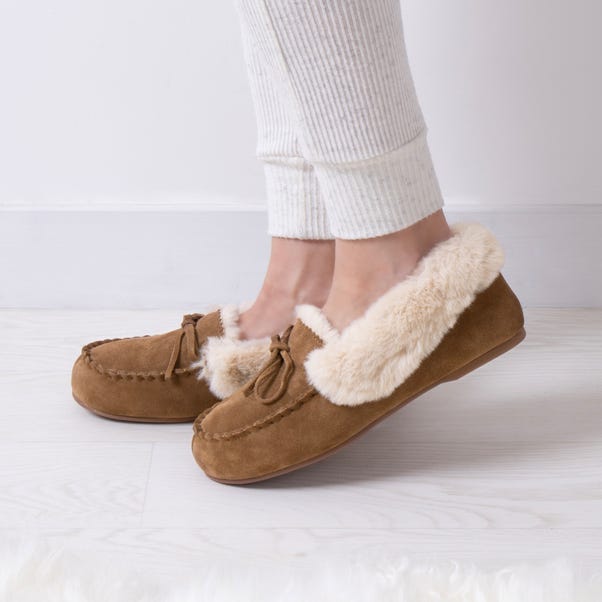 Isotoner Genuine Suede Moccasin with Faux Fur Lining image 1 of 6