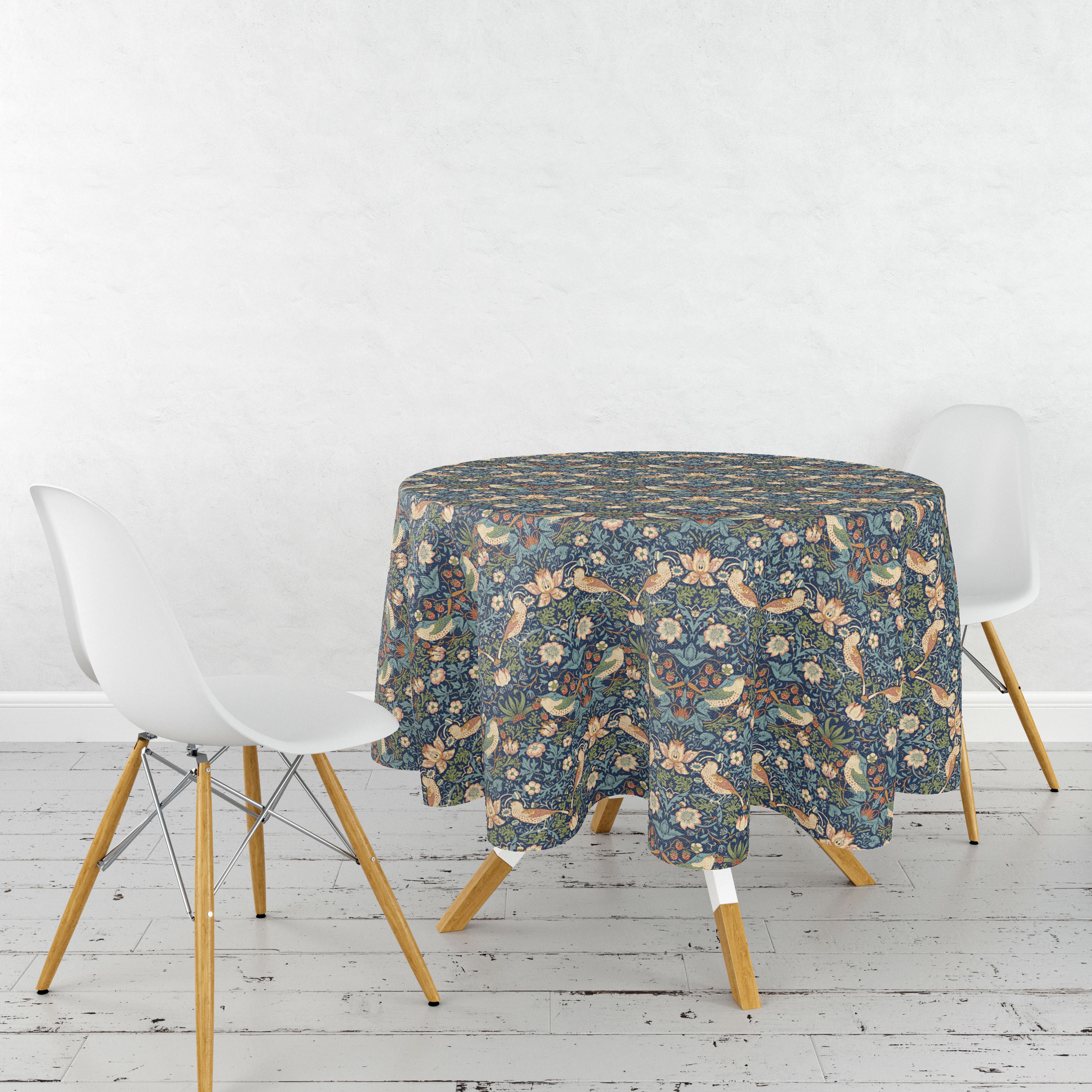 Image of William Morris Strawberry Thief Circular Acrylic Coated Tablecloth Strawberry Thief Navy