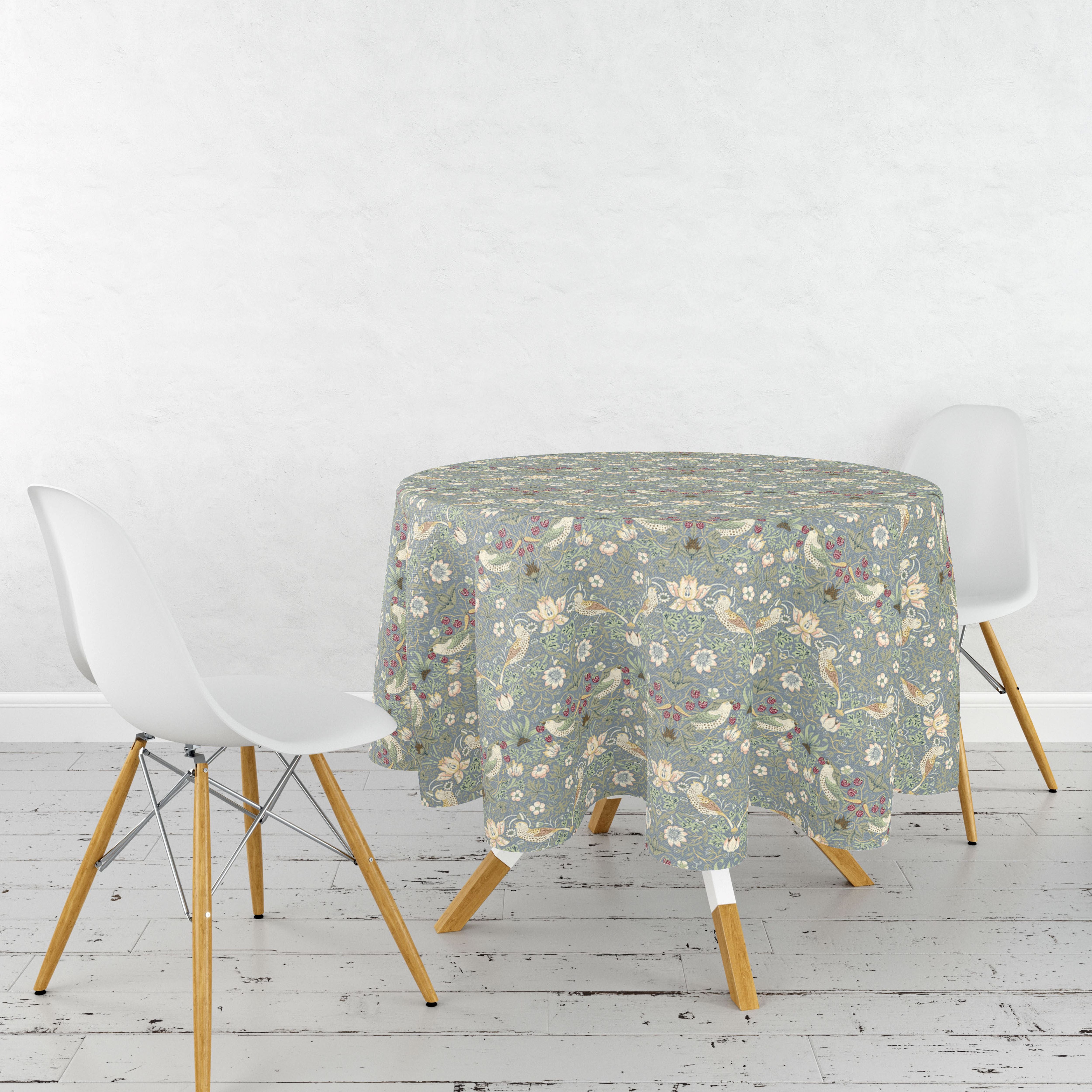 Image of William Morris Strawberry Thief Circular Acrylic Coated Tablecloth Strawberry Thief Blue