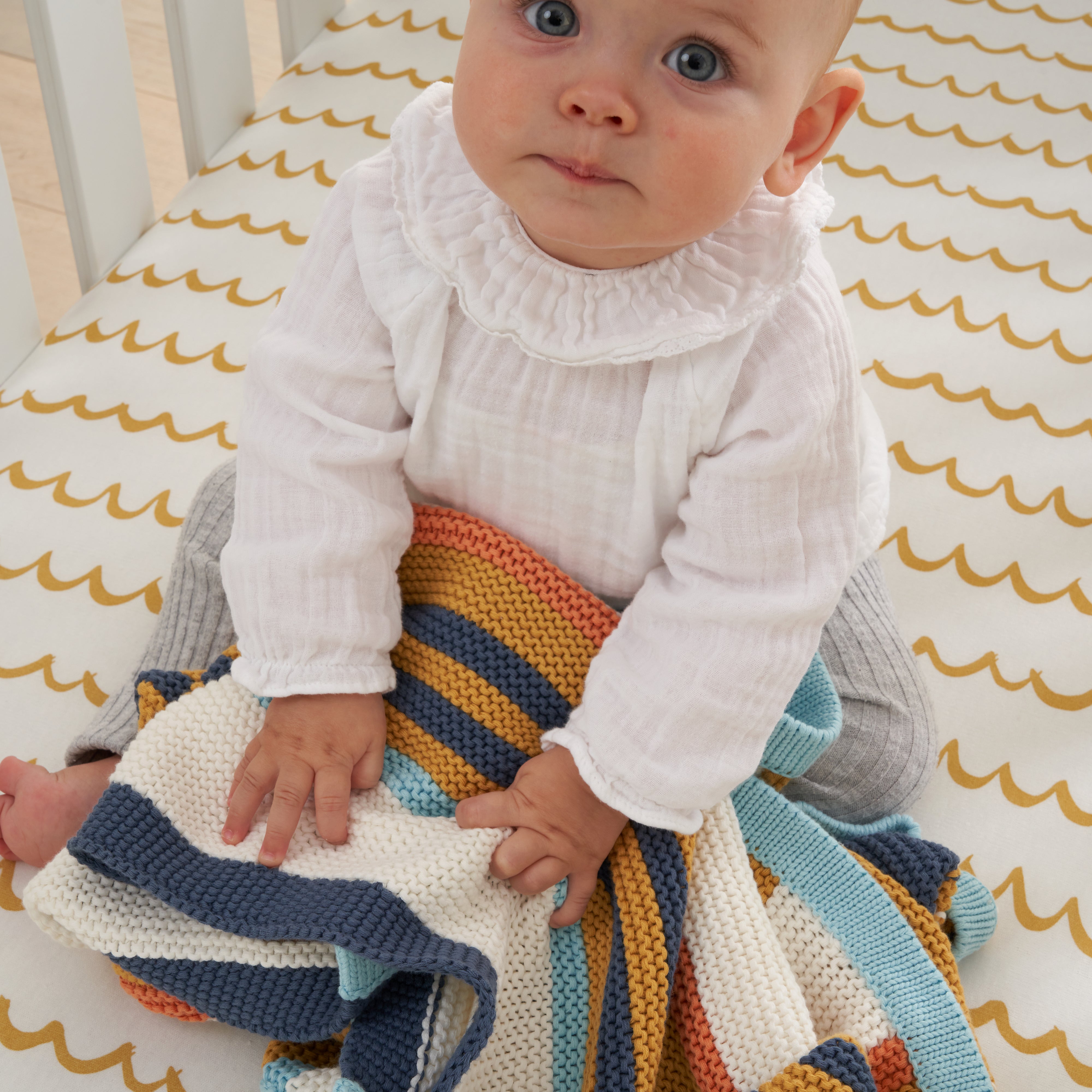 Tutti Bambini Chunky Knitted Baby Blanket Yellowbluewhite