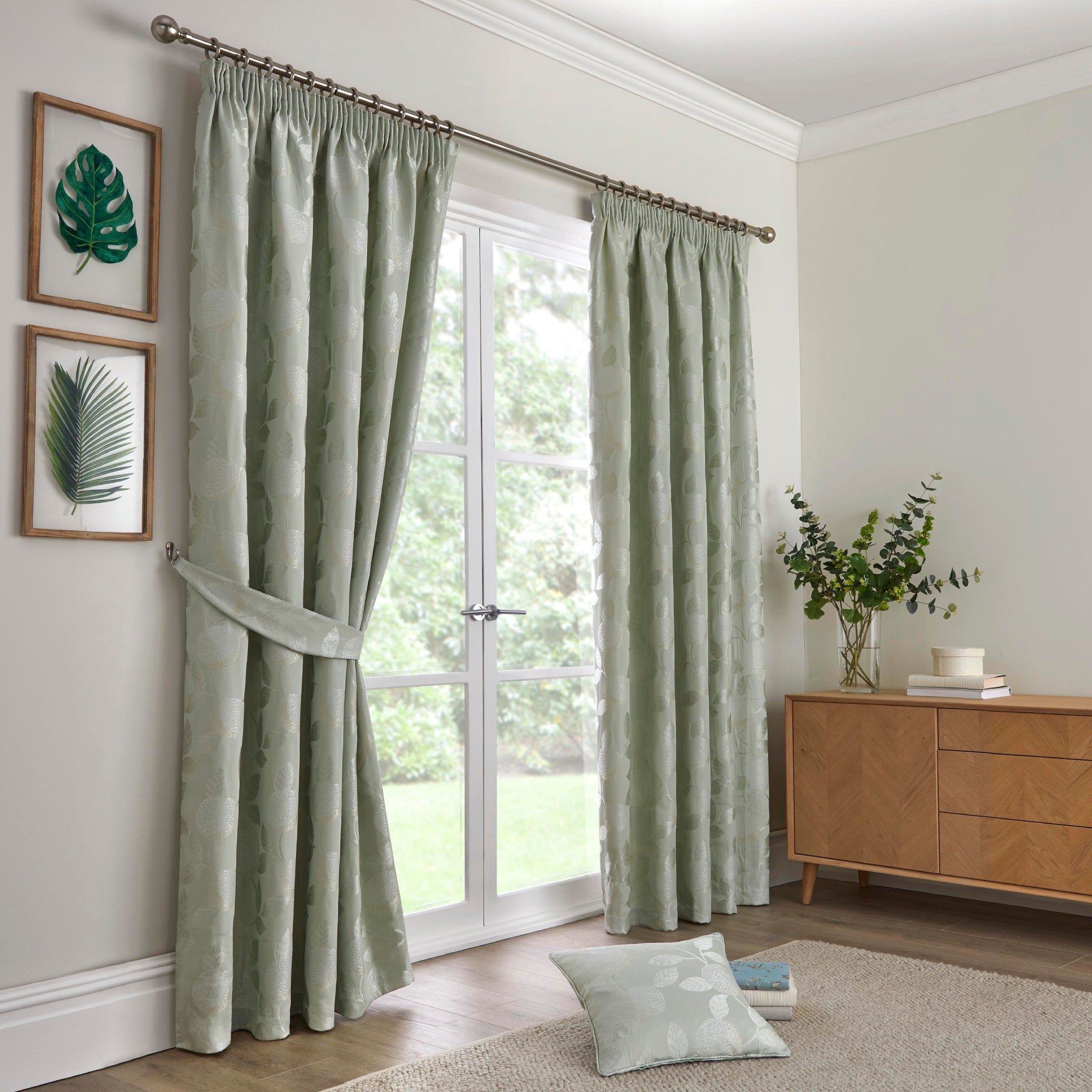 Curtina Bramford Jacquard Green Pencil Pleat Curtains | Dunelm