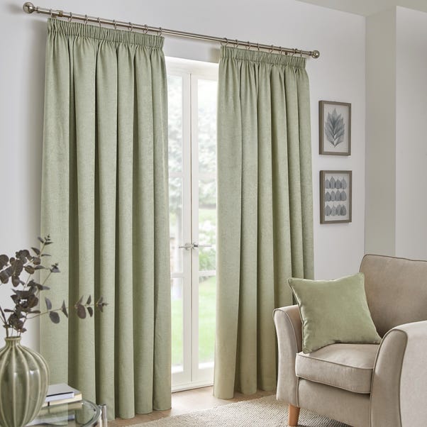 Fusion Galaxy Dim Out Woven Green Pencil Pleat Curtains | Dunelm