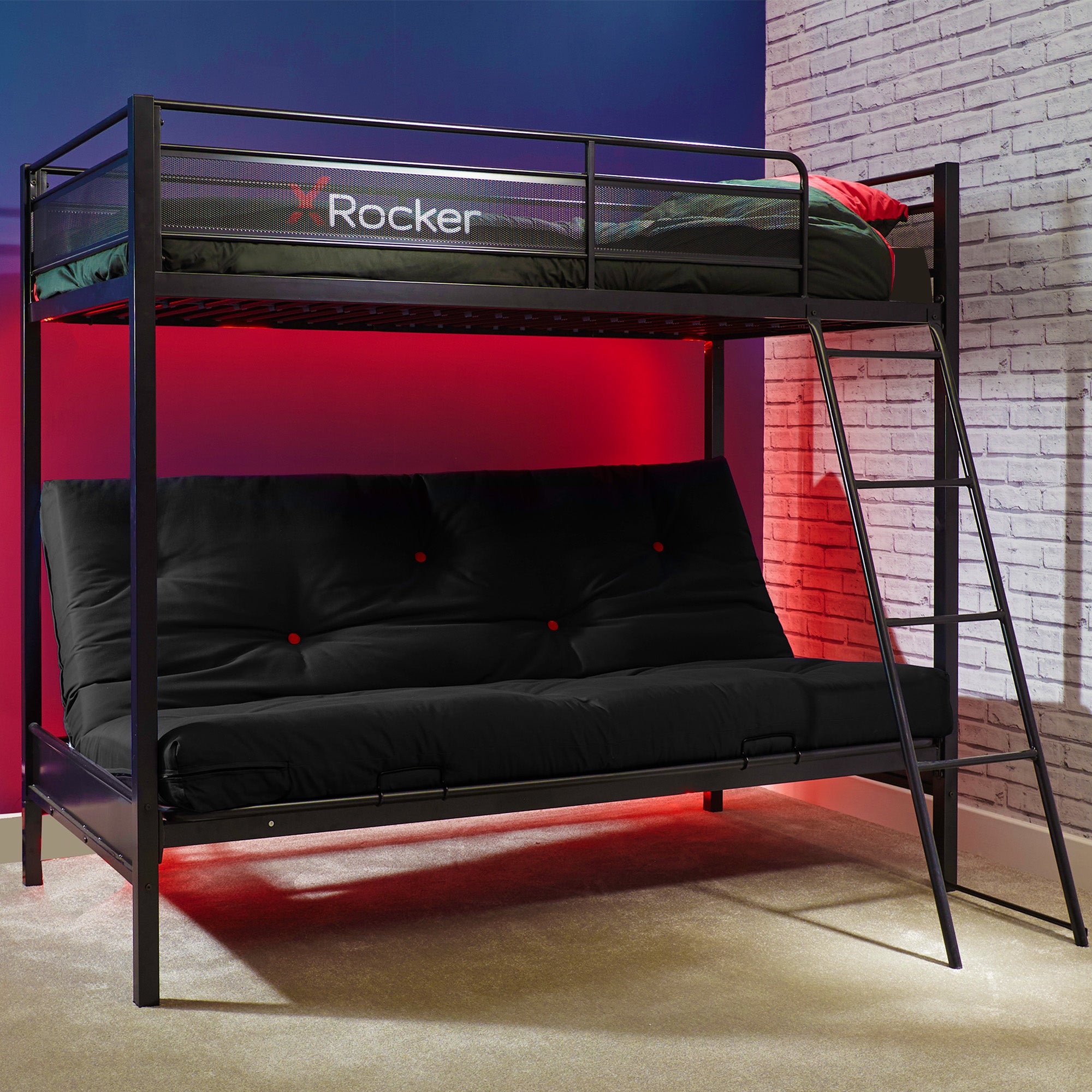 X Rocker Stronghold Gaming High Sleeper With Futon Cushion Black