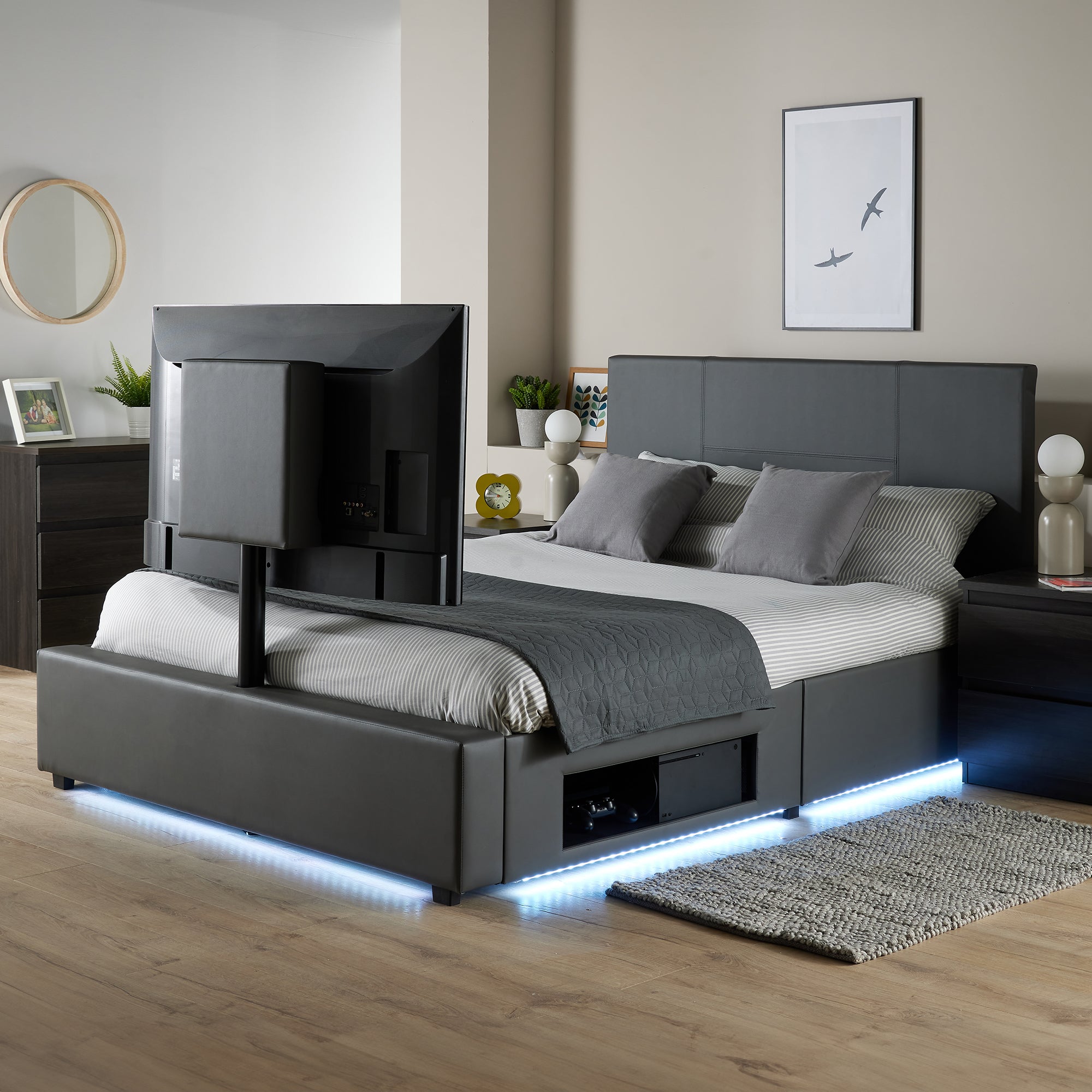 X Rocker Living Ava Tv Bed Frame With Led Lights And Tv Mount Grey