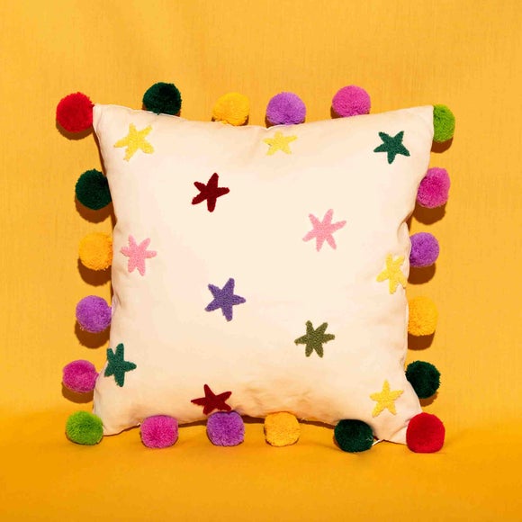 Raspberry Blossom Tufted Stars Cushion with Pom Poms Dunelm