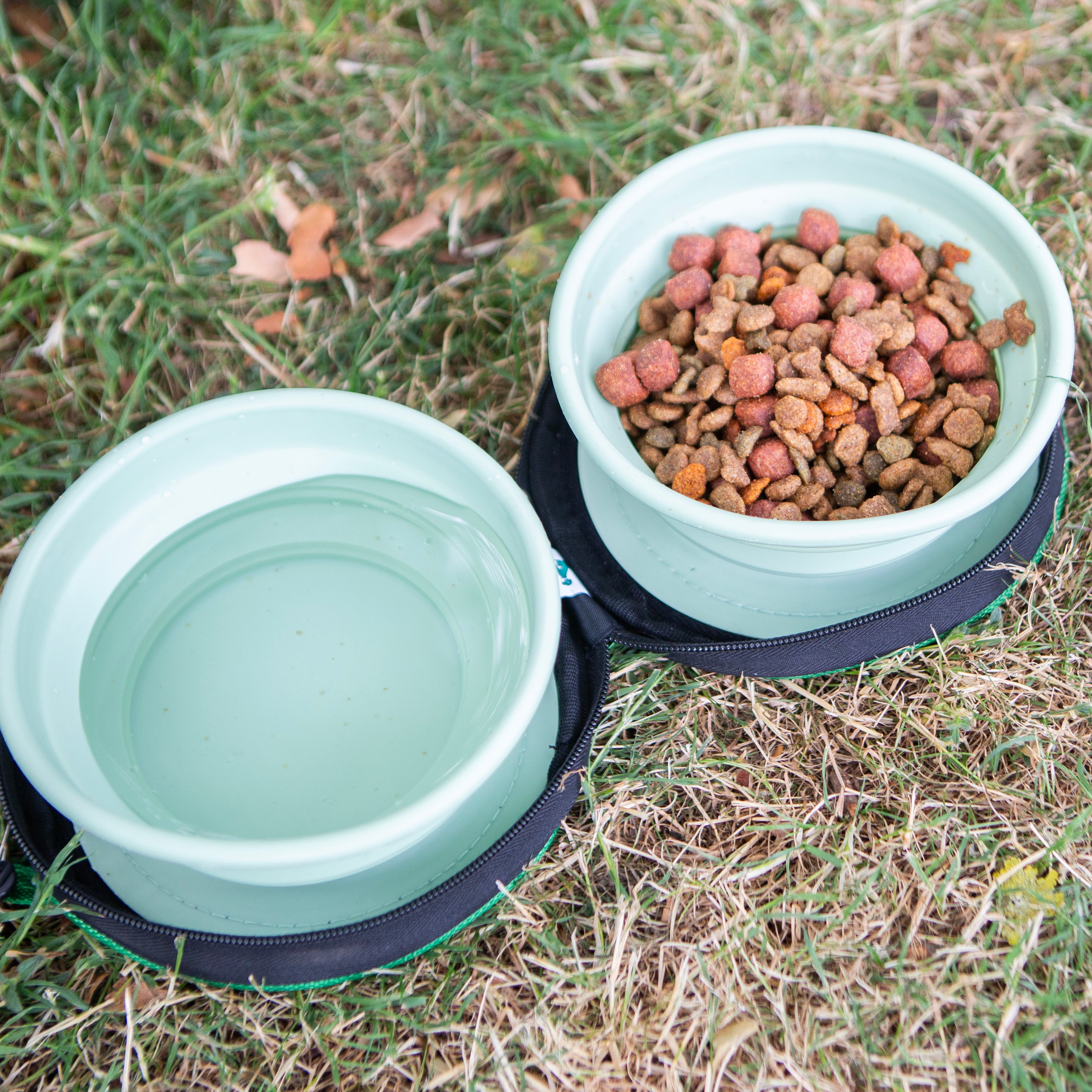 Crufts Double Travel Pet Bowl Set with Hook Green