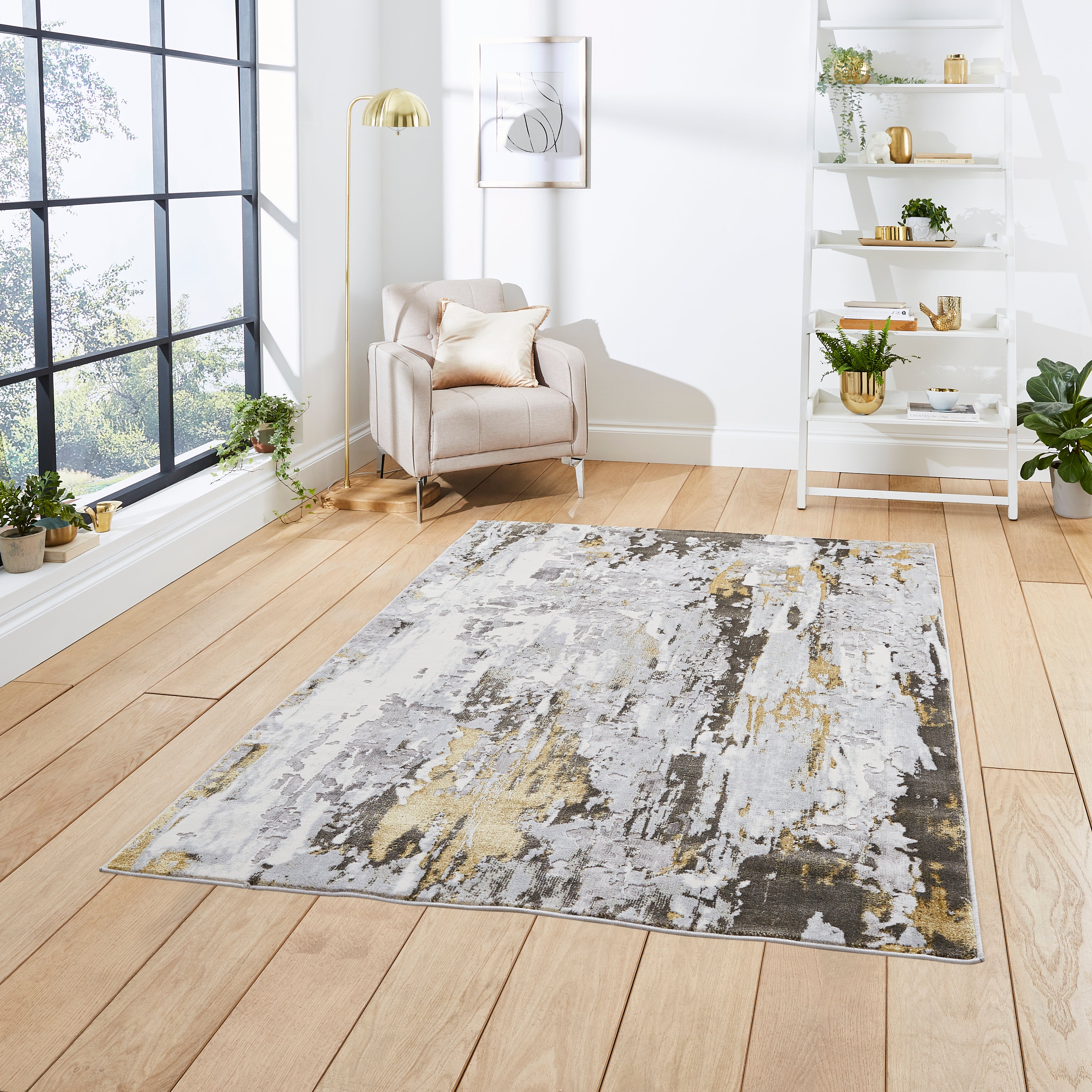 Apollo Marble Effect Washable Rug Gold