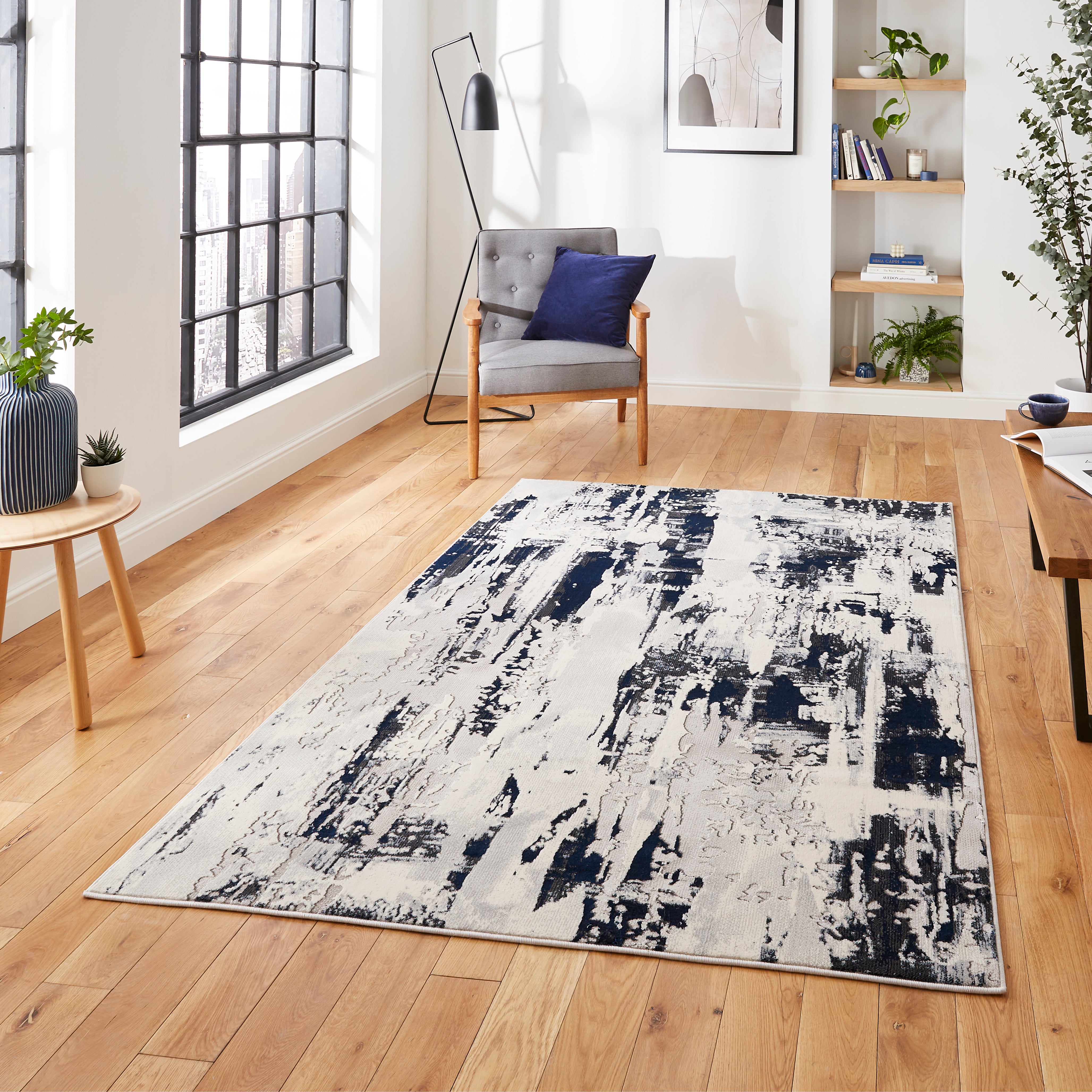 Apollo Marble Effect Washable Rug Navy Blue