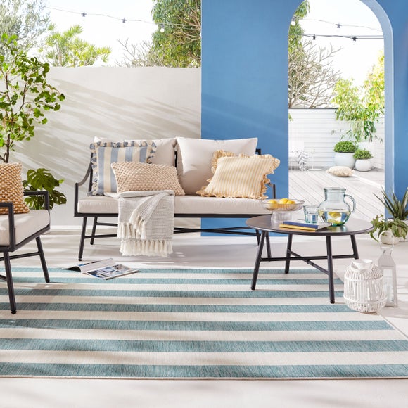 Striped Reversible indoor Outdoor Blue Yellow Rug
