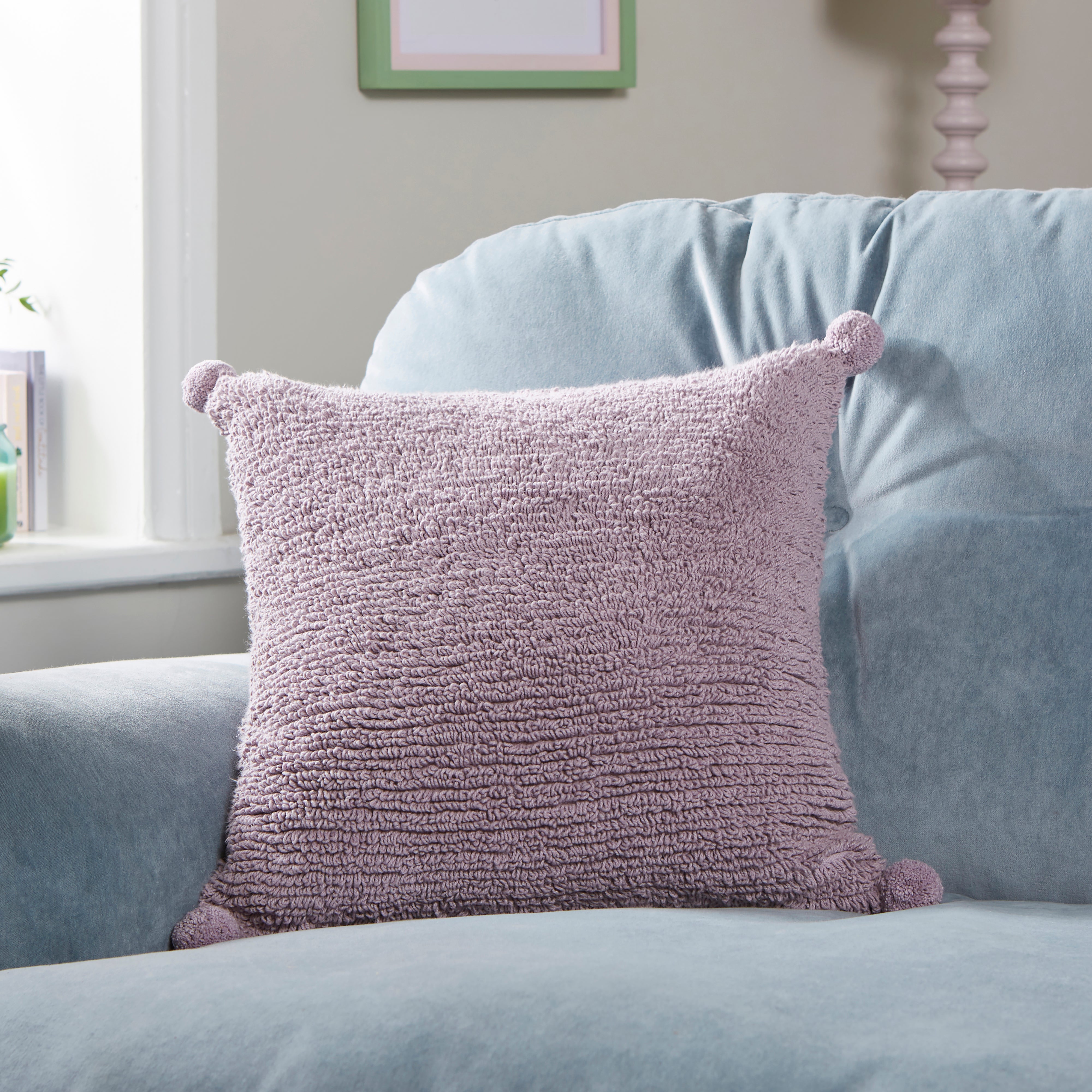 Tufted Pom Pom Square Cushion Lilac