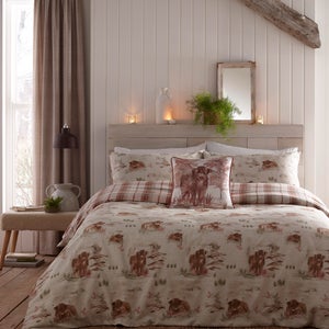 Dreams & Drapes Lodge Hanson Highland Cow Terracotta 100 Brushed Cotton Duvet Cover & Pillowcase Set