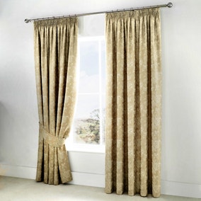 Woven Jasmine Lined Champagne Pencil Pleat Curtains with Tie Backs