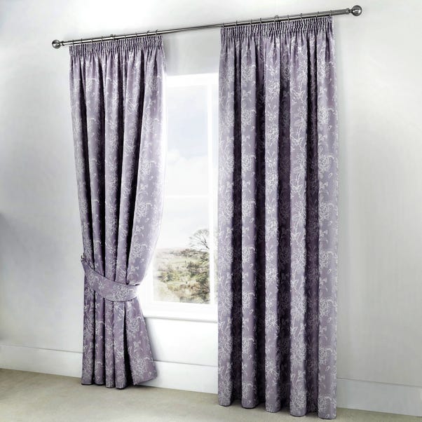 Woven Jasmine Lined Lavender Pencil Pleat Curtains with Tie Backs image 1 of 1