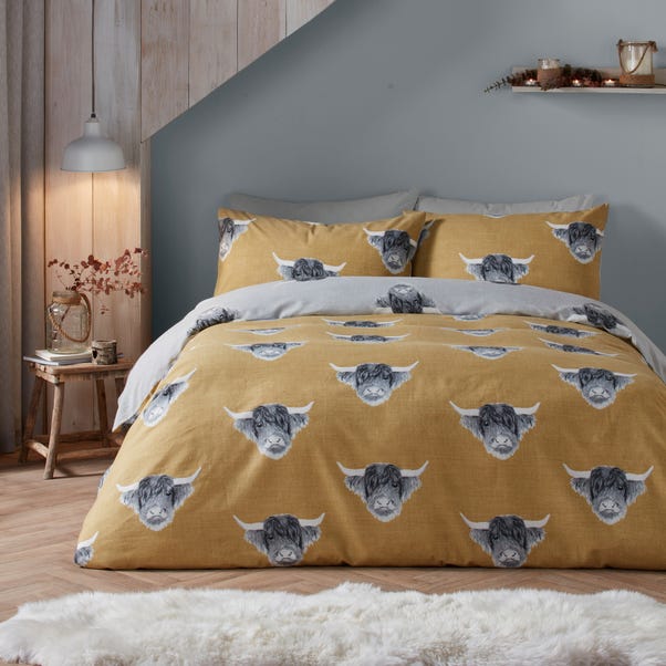 Fusion Snug Highland Cow Ochre Duvet Cover and Pillowcase Set image 1 of 5
