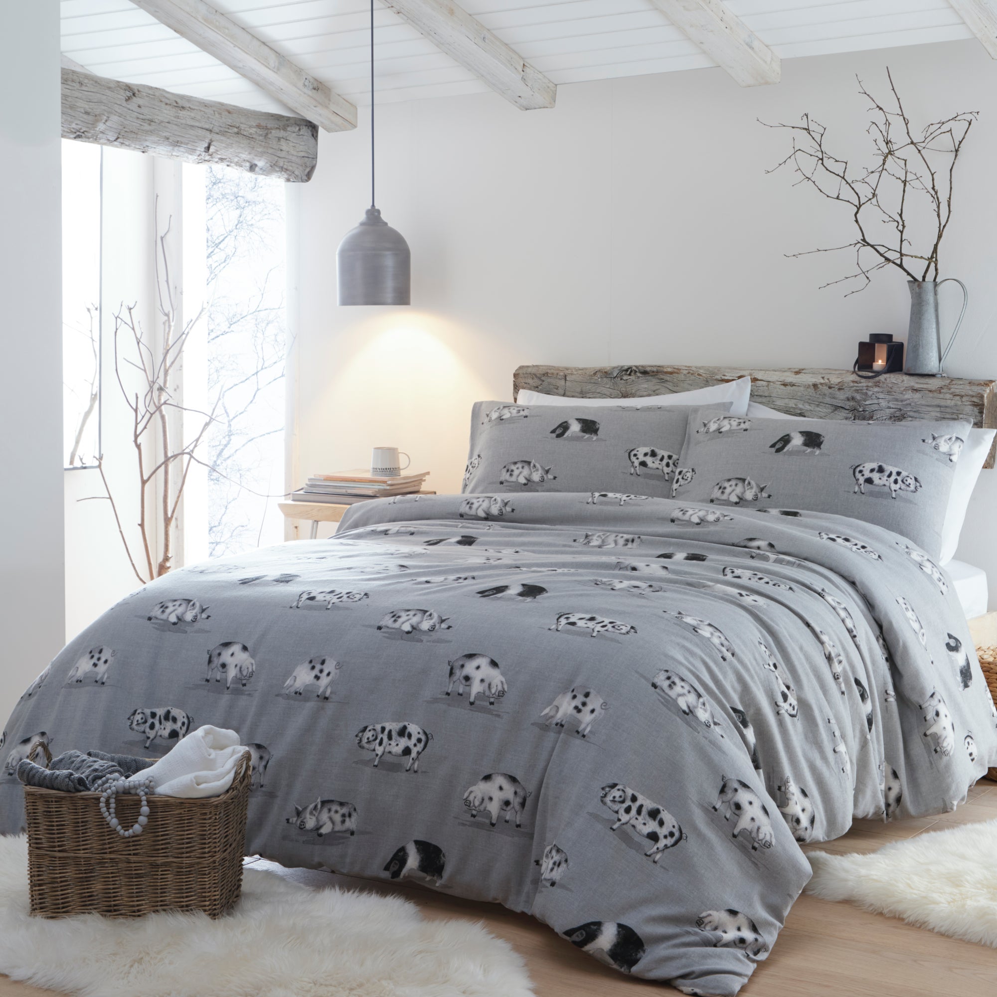 Photos - Bed Linen Fusion Snug Cosy Pig Grey Duvet Cover and Pillowcase Set Grey 