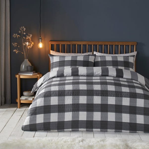 Fusion Snug Seersucker Gingham Check Charcoal Duvet Cover and Pillowcase Set image 1 of 3