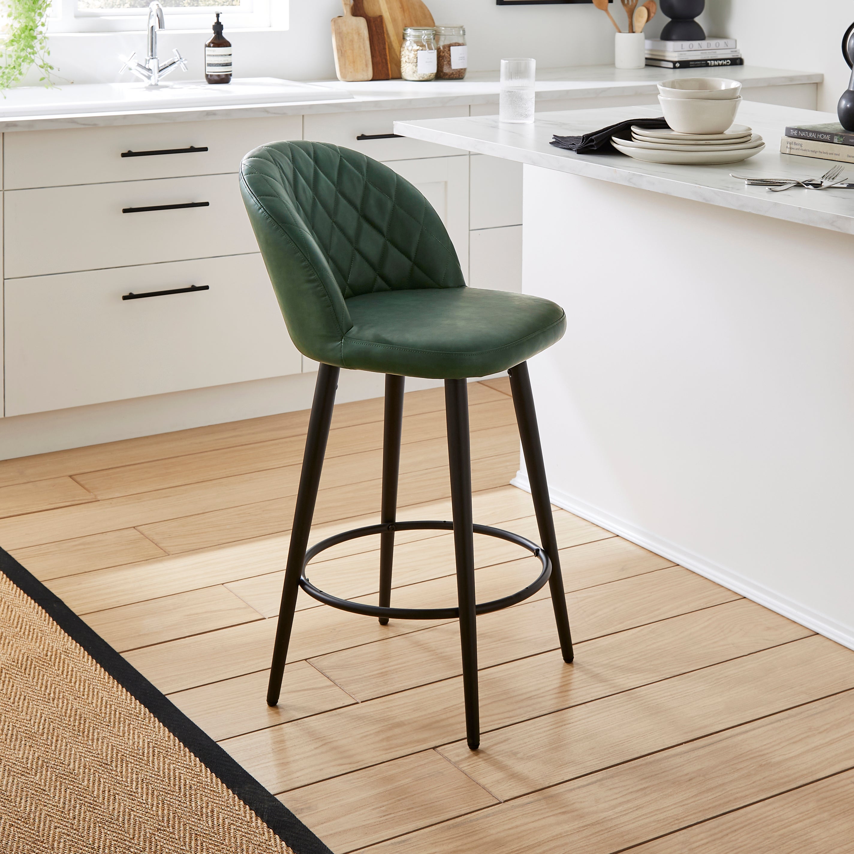 Astrid Bar Stool, Faux Leather Emerald Green