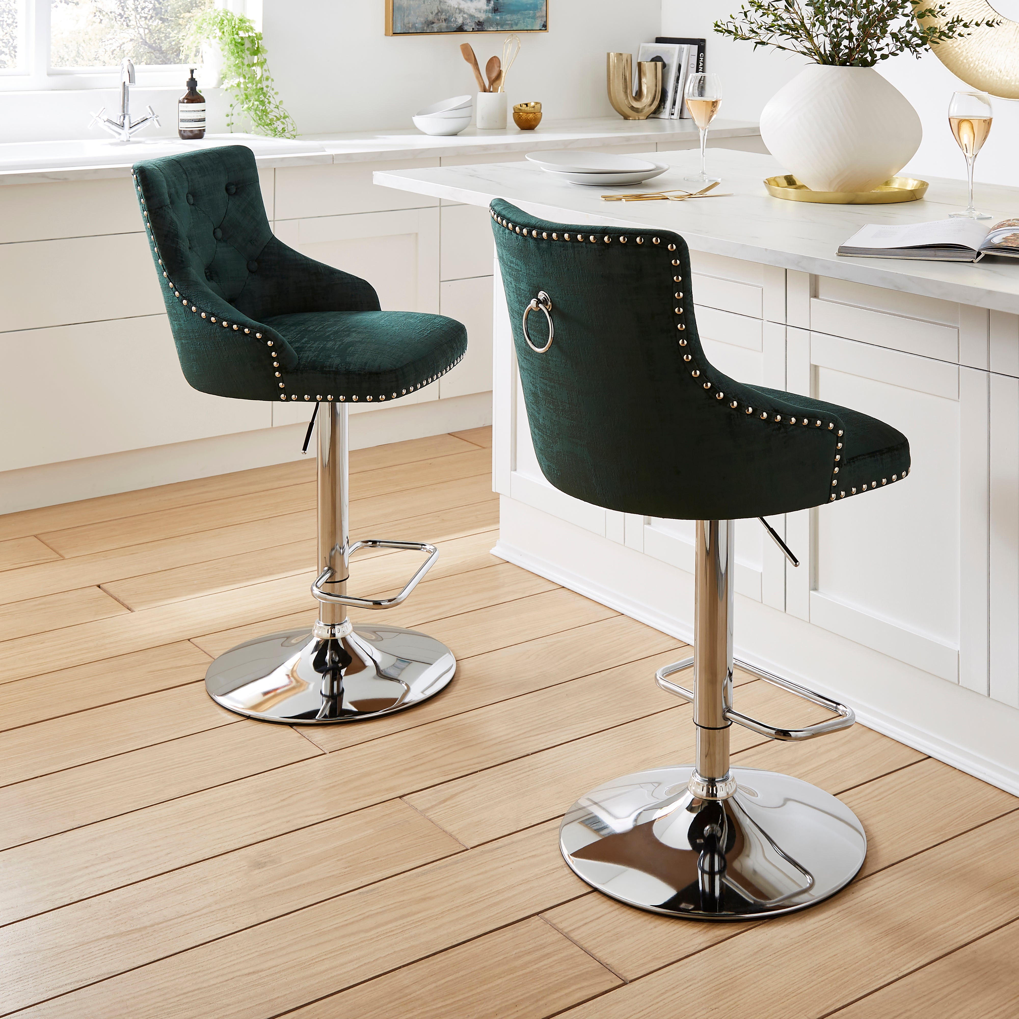 Selena Adjustable Height Swivel Bar Stool, Velvet Bottle Green